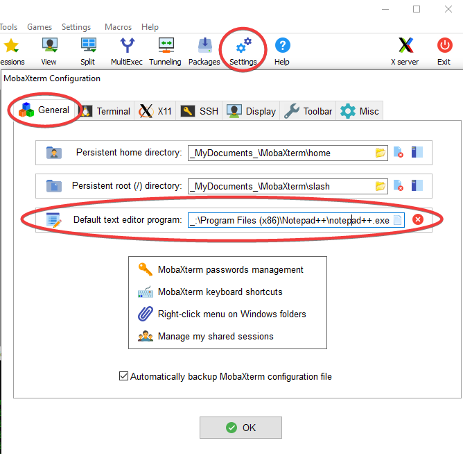 MobaXterm window with Settings, General, and Default text editor program circled