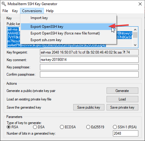 MobaXterm SSH Key Generator with Conversion dropdown open and Export OpenSSH key selected