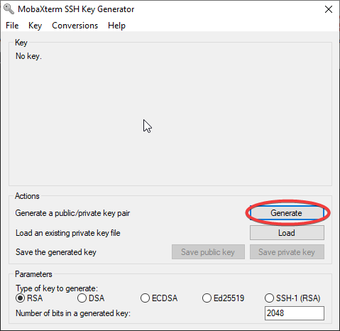 MobaXterm SSH Key Generator window with Generate button circled