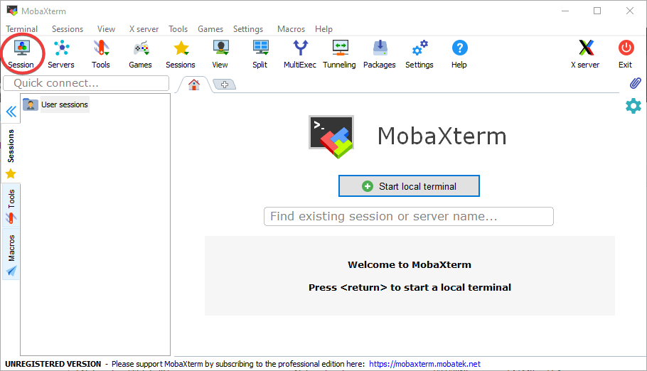 MobaXterm window with Session circled