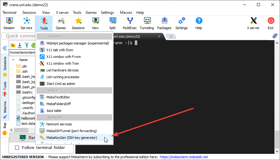 MobaXterm with Tools dropdown open and MobaKeyGen selected