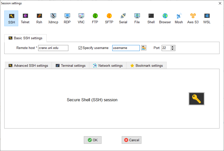 Session settings window with SSH selected