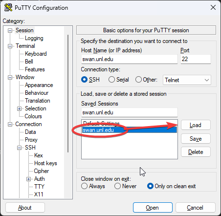 PuTTY Configuration window with swan.unl.edu circled and an arrow pointing to the Load button