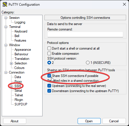 PuTTY Configuration window with SSH circled and Share SSH connections if possible selected