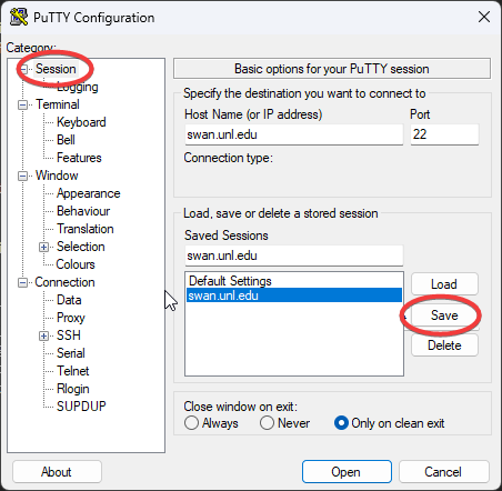 PuTTY Configuration window with Session circled and Save button circled