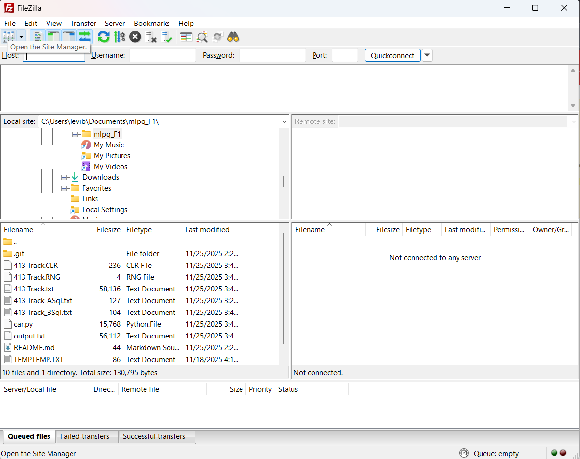 FileZilla initial screen with 'Open the Site Manager' button clicked in the top left corner