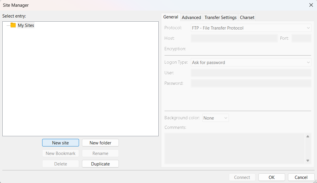 FileZilla Site Manager window with 'New site' button clicked