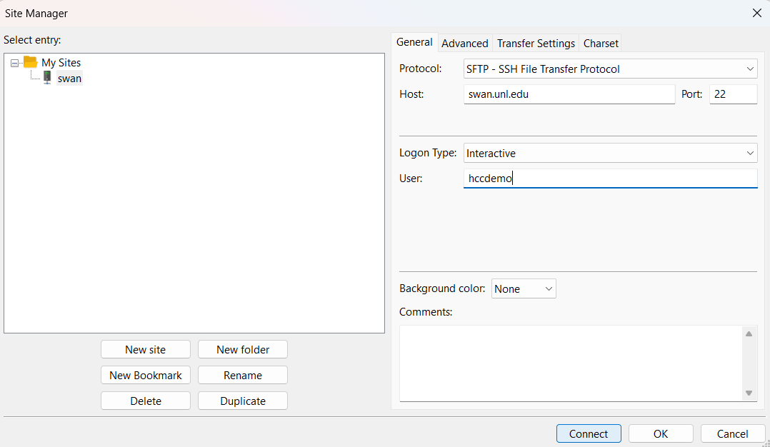 FileZilla Site Manager screen with General login details filled in as described above and the 'Connect' button clicked