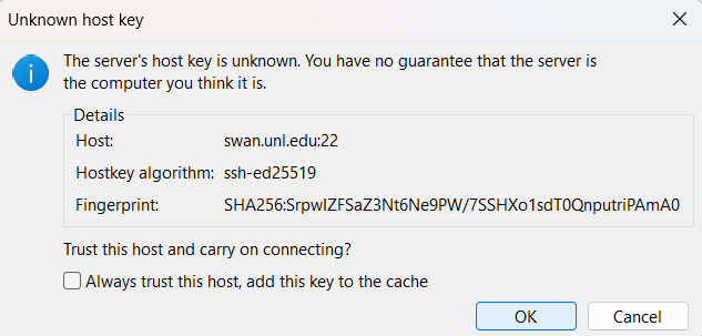 Unknown host key window with a Host of swan.unl.edu and the 'OK' button selected