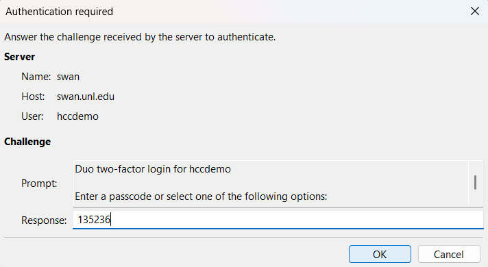 Authentication required screen with Duo passcode filled in