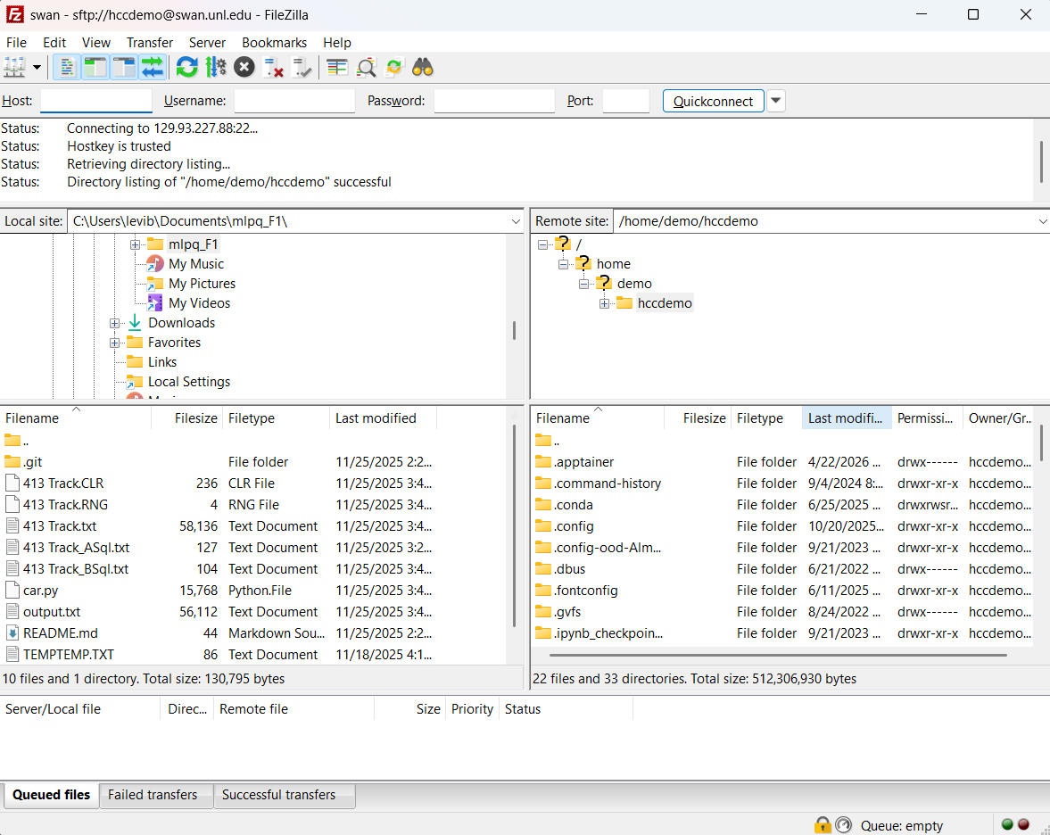 FileZilla screen with remote connected
