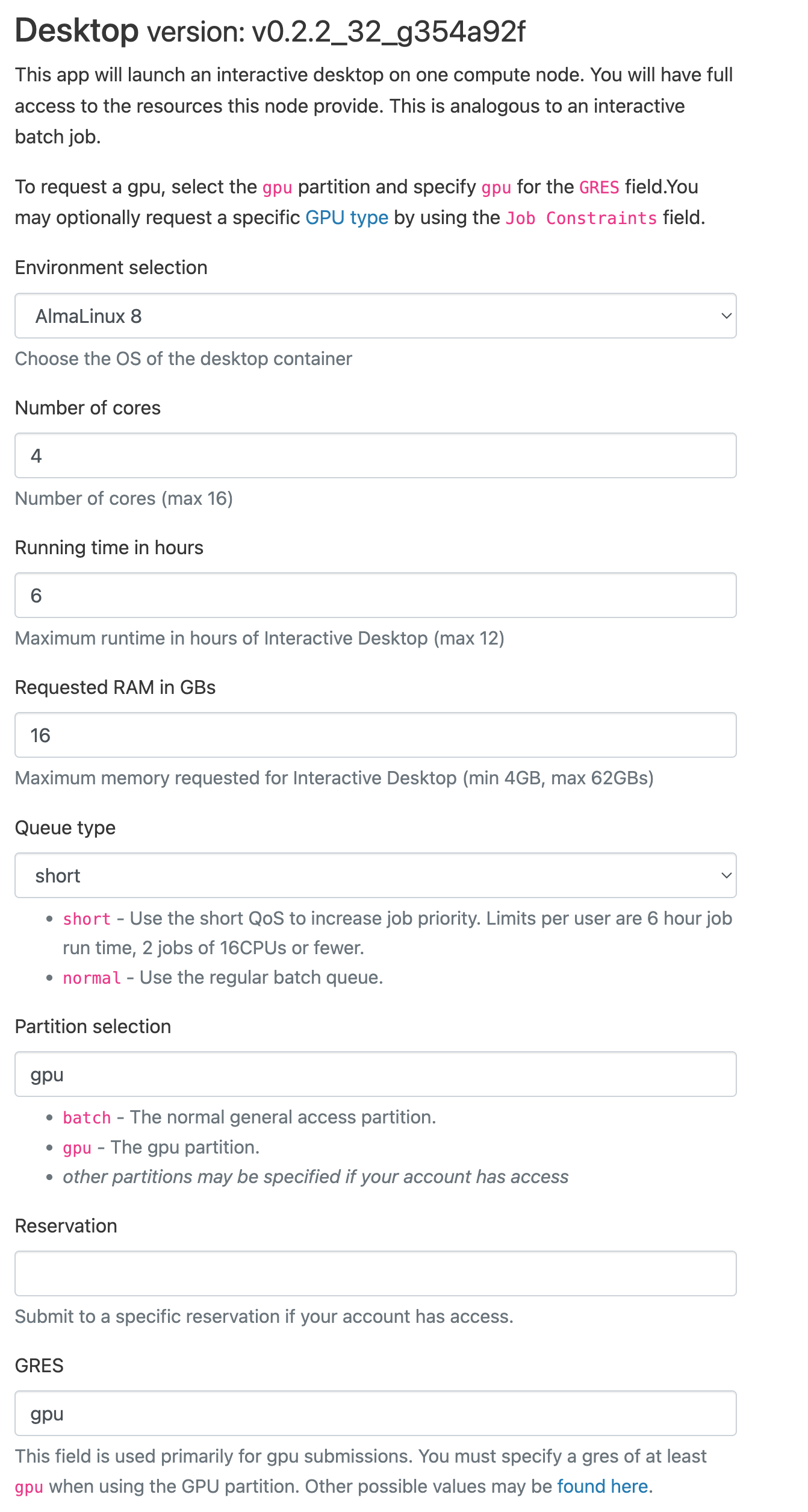 screen showing example form values