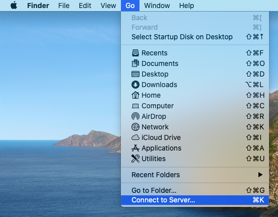 Finder's Go dropdown menu open with Connect to Server... selected