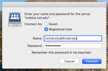 login screen with Registered User selected and Name as University@Email.edu