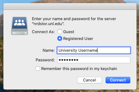 login screen with Registered User selected and Name as University Username