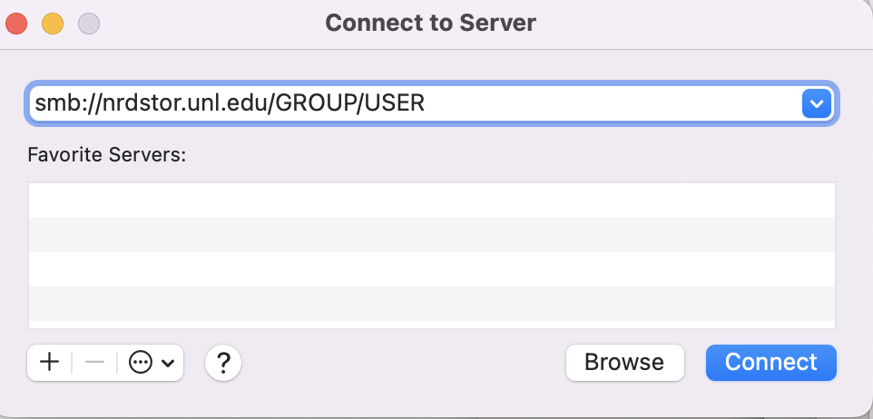Connect to Server window with smb://nrdstor.unl.edu/GROUP/USER filled in