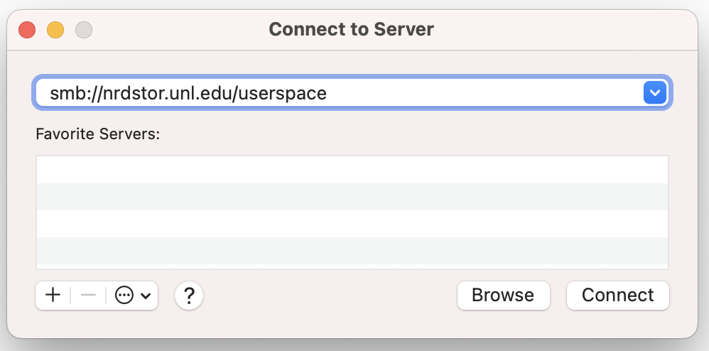 Connect to Server window with smb://nrdstor.unl.edu/userspace filled in