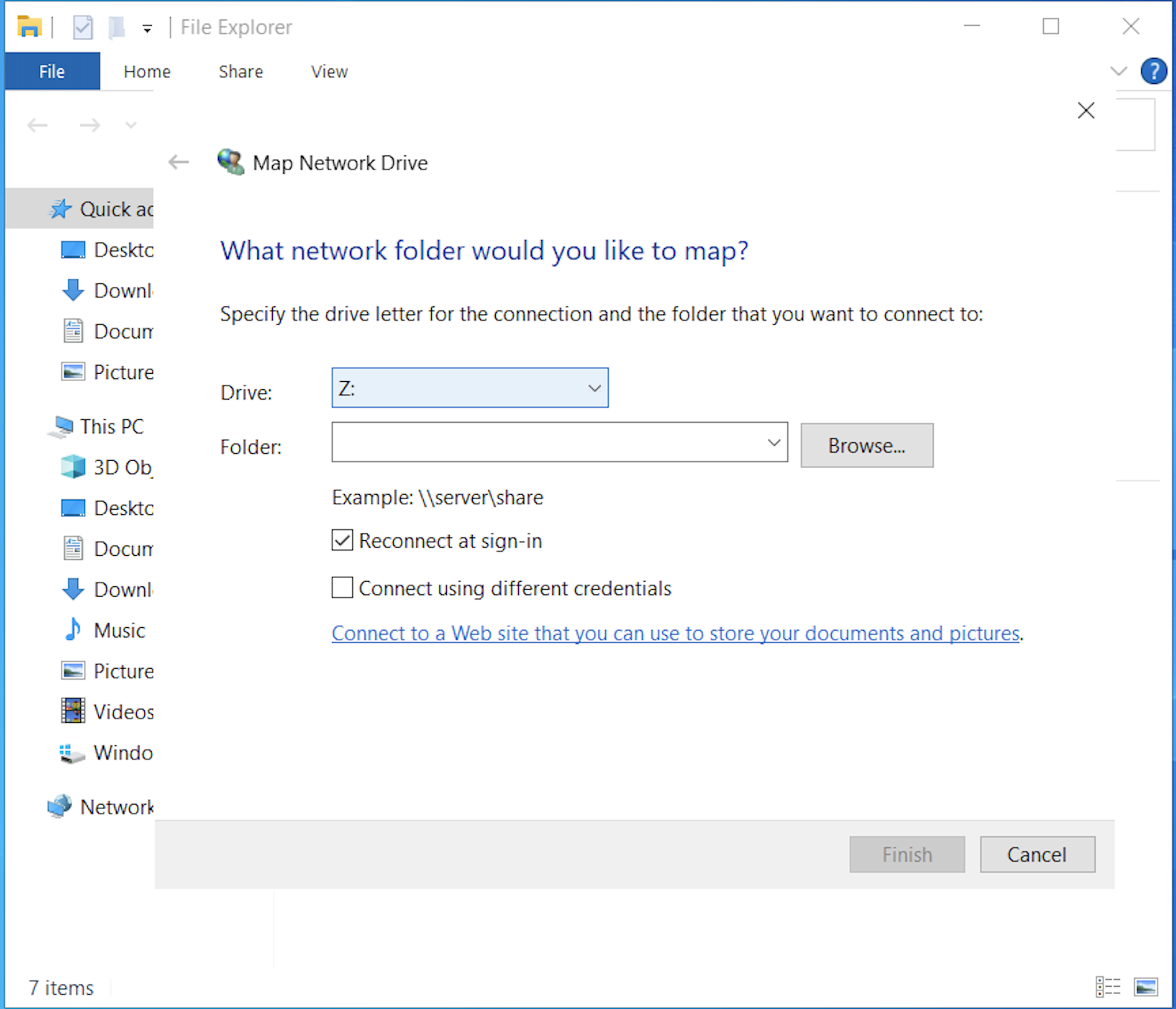 Map Network Drive window open