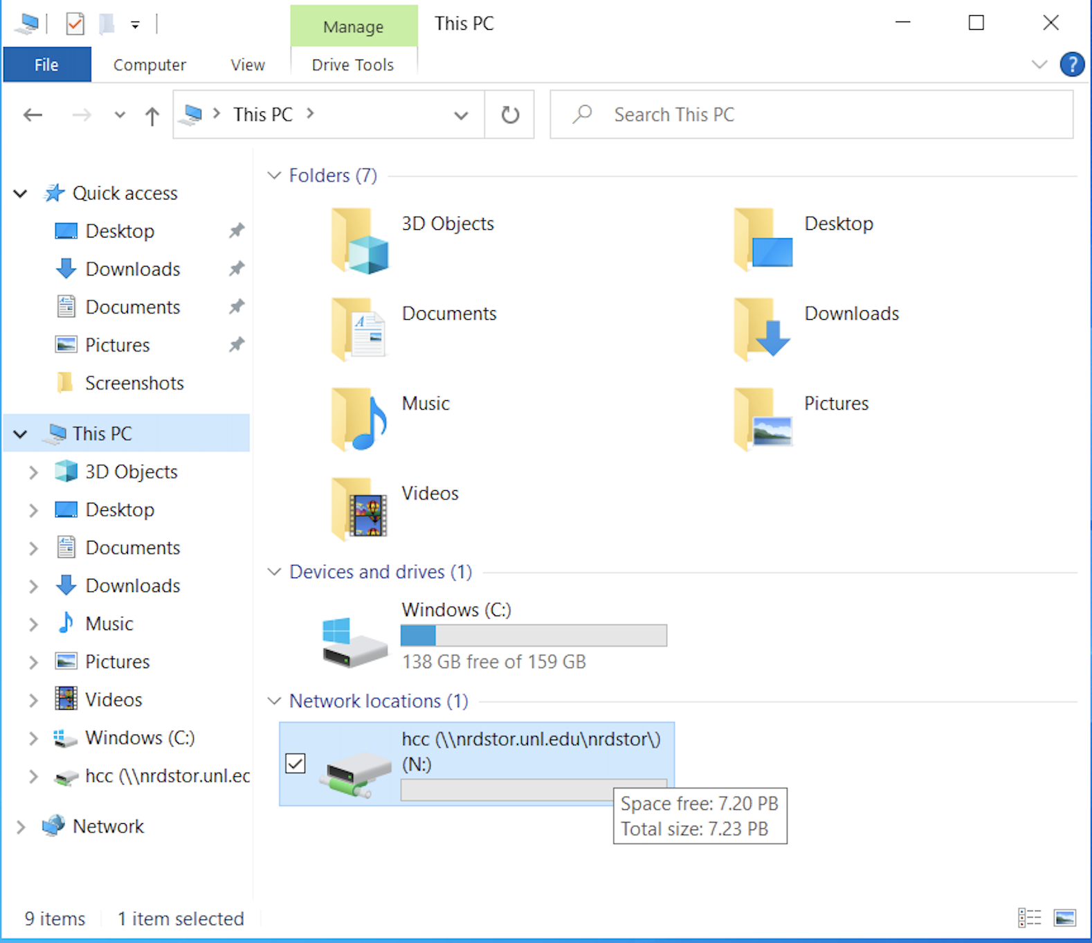 N: drive for hcc NRDSTOR shown as option in File Explorer