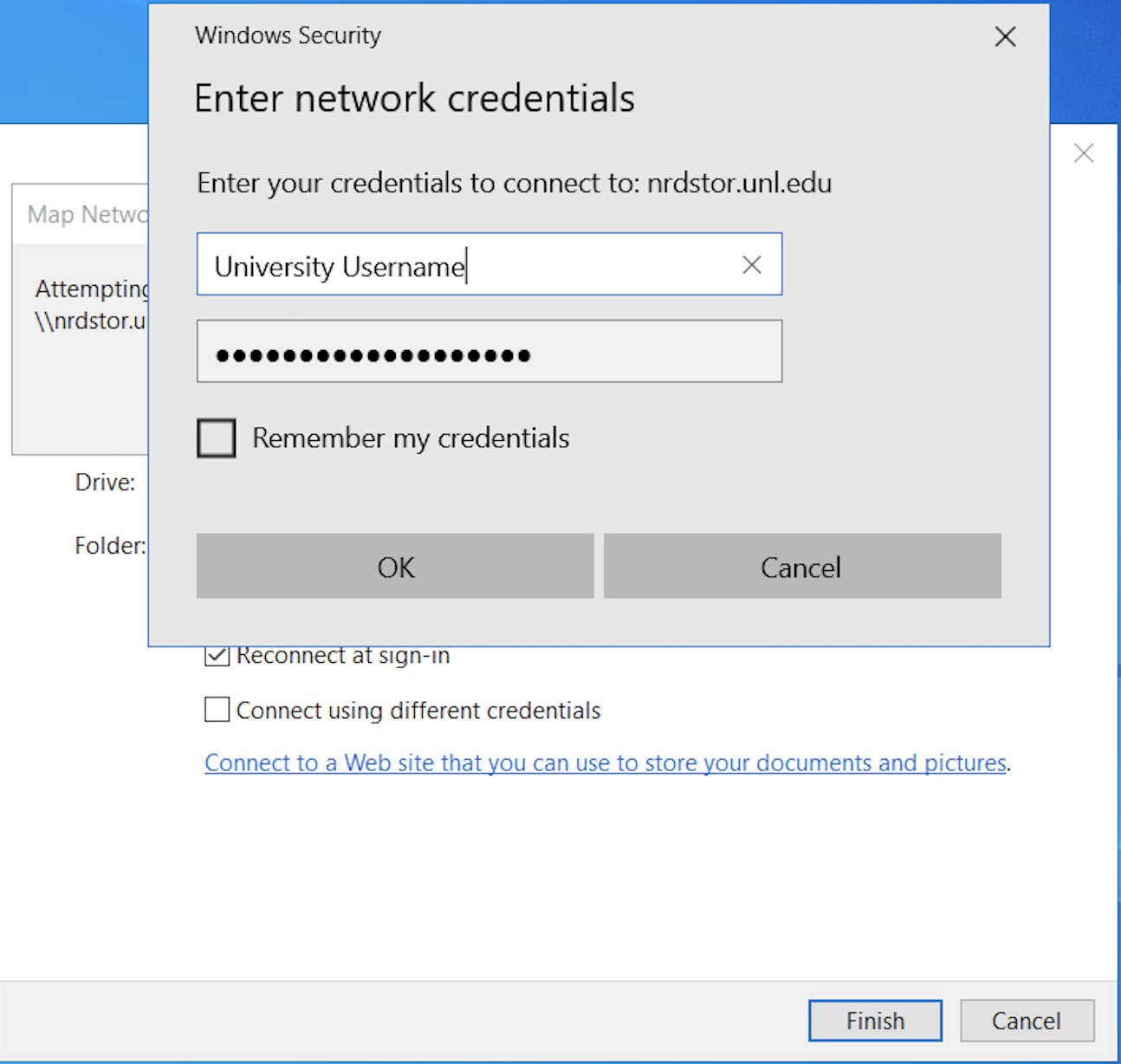 windows security window with university username filled in for username