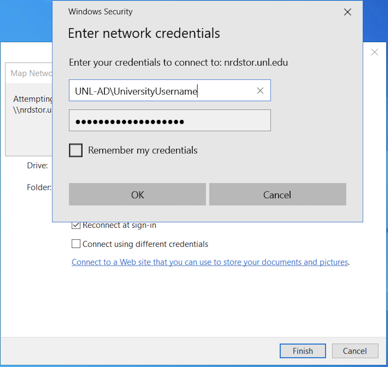 windows security window with UNL-AD\UniversityUsername filled in for username