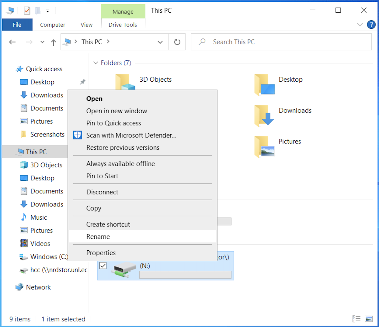 N: dropdown with Rename selected