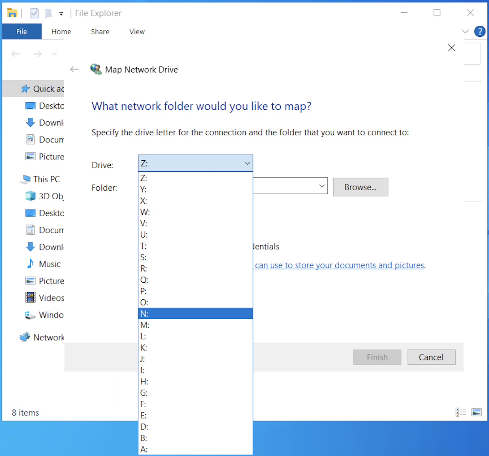 Drive dropdown open with N: selected