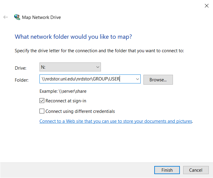 Folder as \\nrdstor.unl.edu\nrdstor\GROUP\USER with Reconnect at sign-in selected