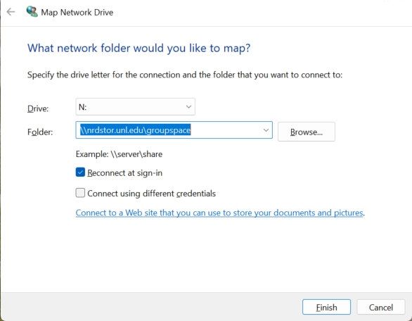 Folder as \\nrdstor.unl.edu\groupspace with Reconnect at sign-in selected