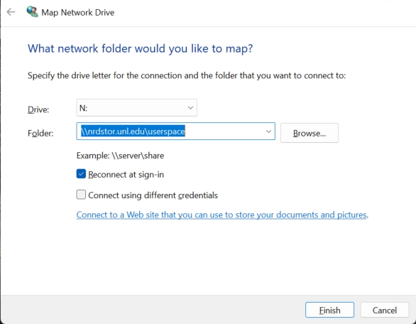 Folder as \\nrdstor.unl.edu\userspace with Reconnect at sign-in selected