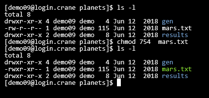 terminal before and after using chmod to change file permissions, showing the change in permissions