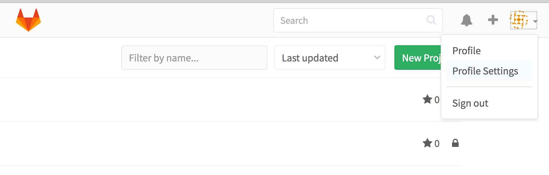 GitLab account dropdown open with Profile Settings selected