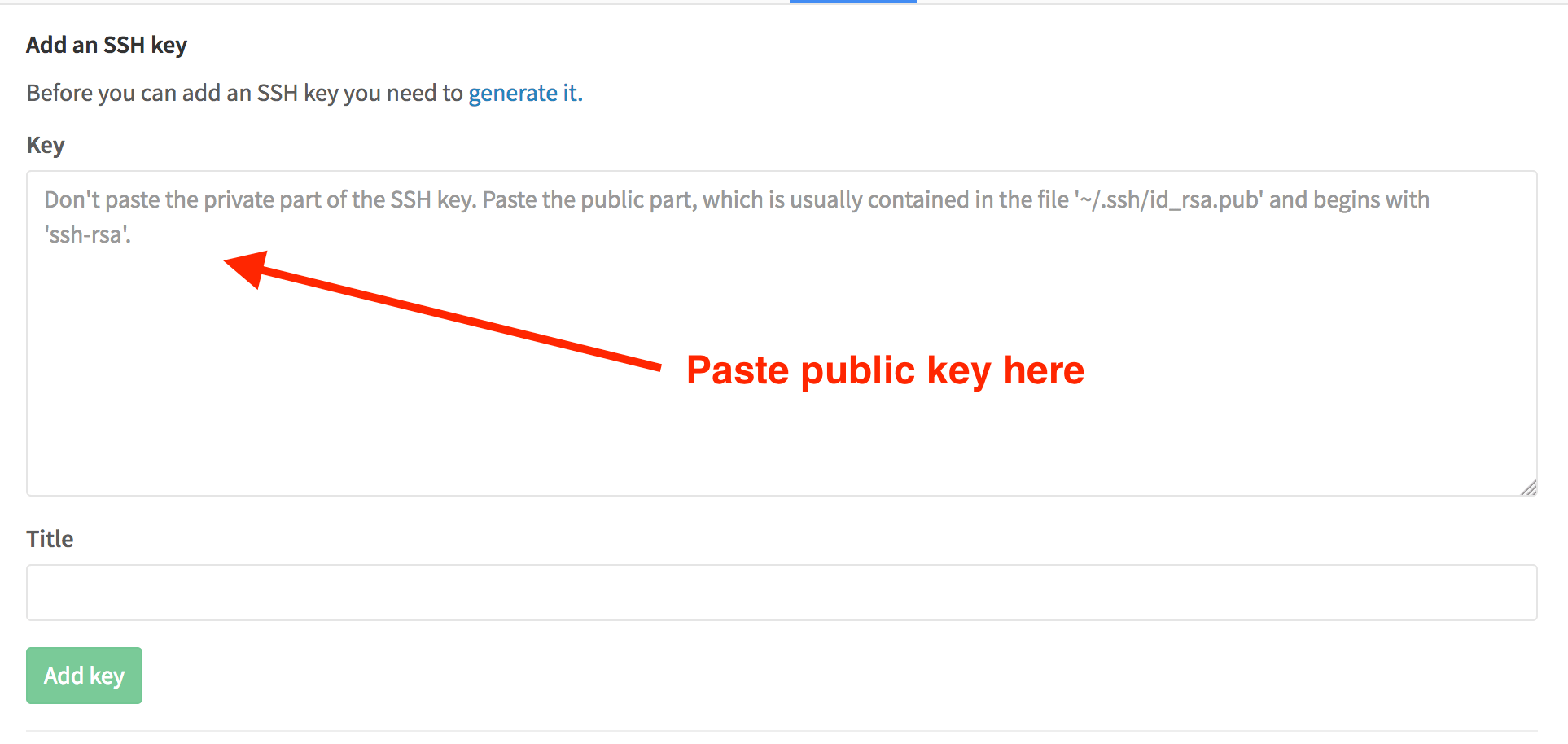 prompting to paste public key in Key box in Add an SSH Key window