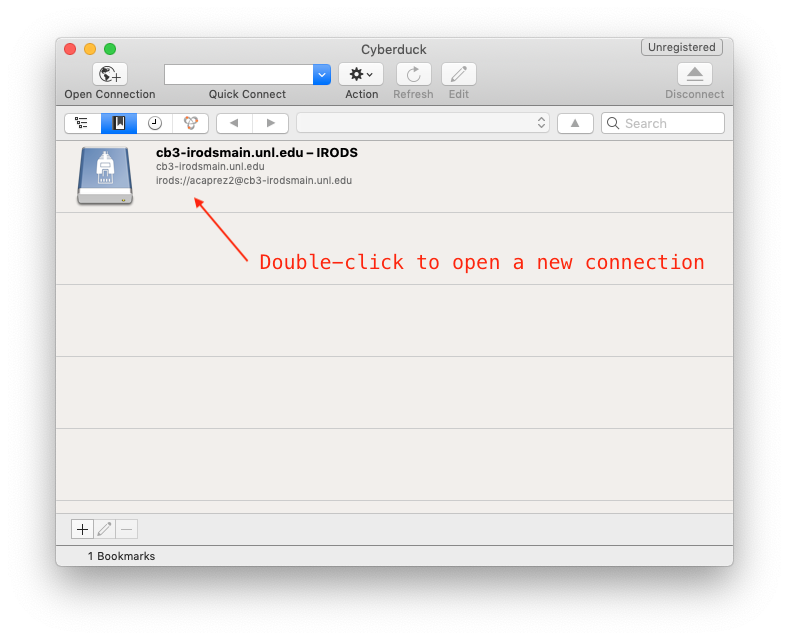 Cyberduck bookmarks window with prompting to double click the bookmark to open a new connection