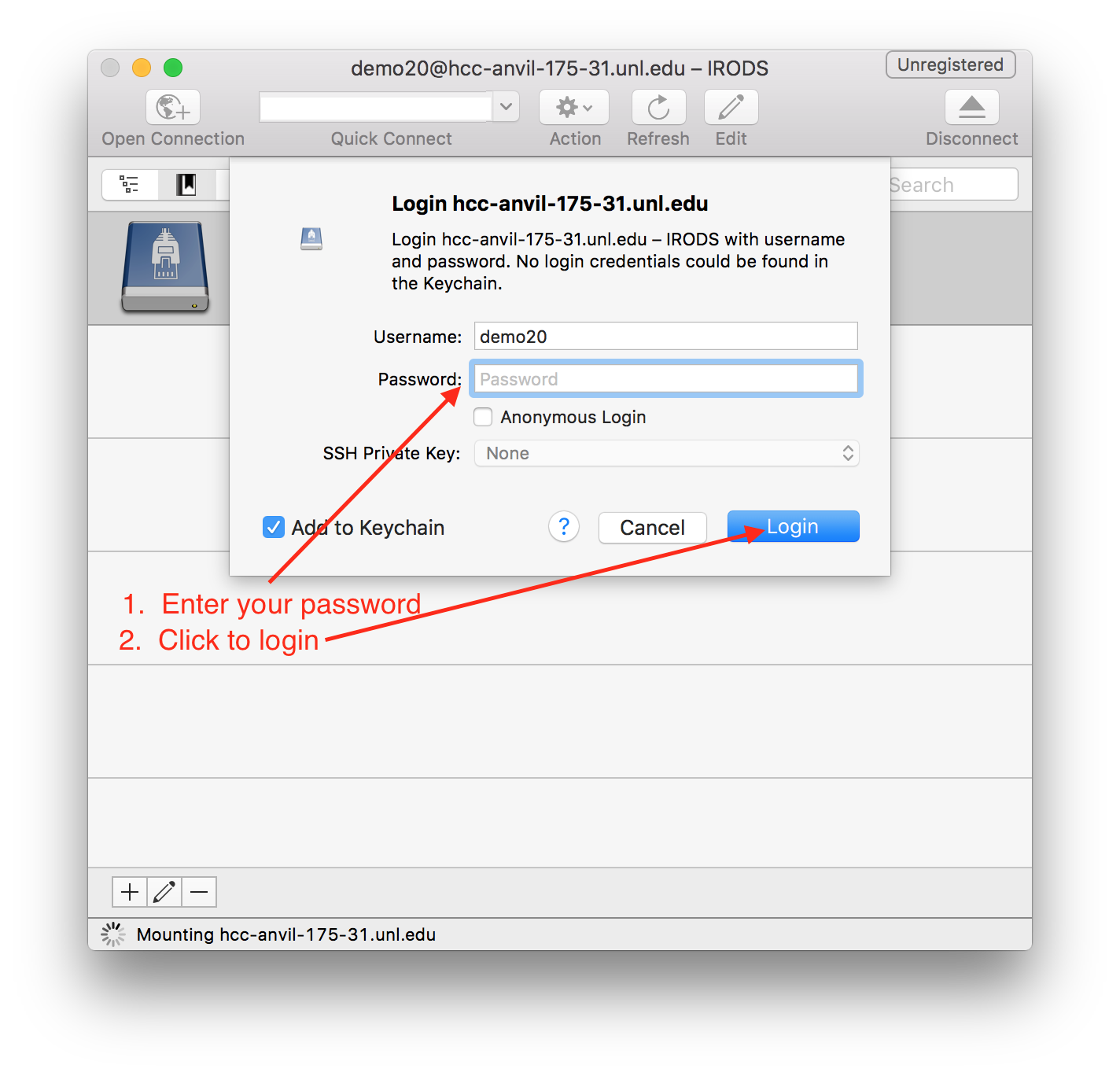 pop-up box with prompting to enter password and click the login button