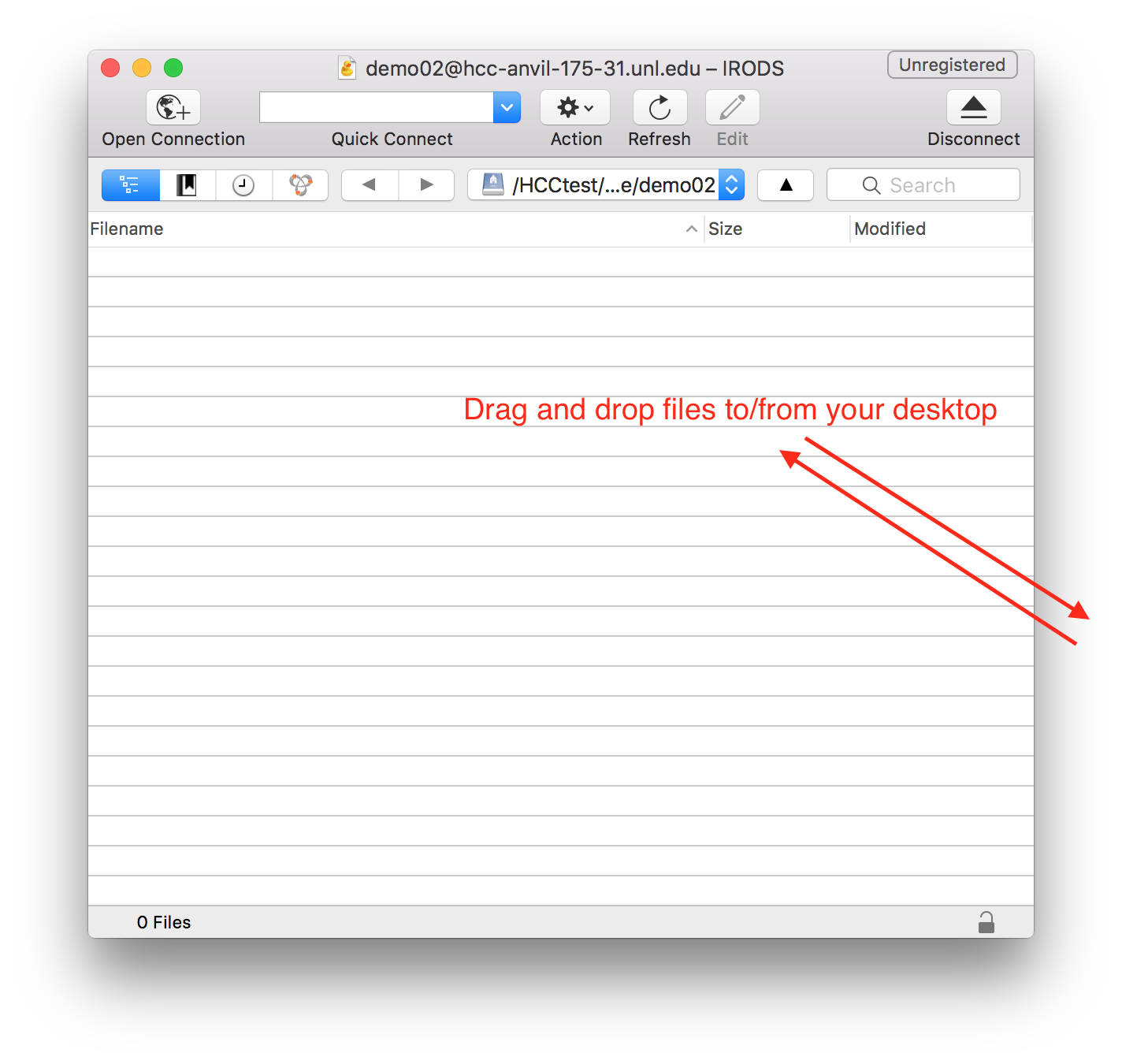Cyberduck connection with prompting to drag and drop files to/from your desktop