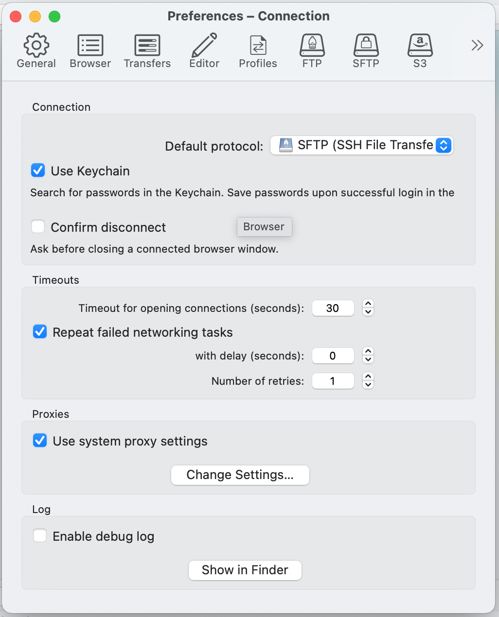 Preferences - Connection window with Default protocol of SFTP