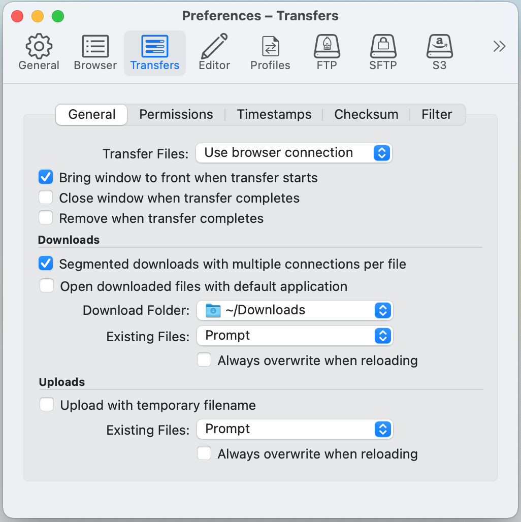 Perferences - Transfers window with Tranfer Files: set to Use browser connection