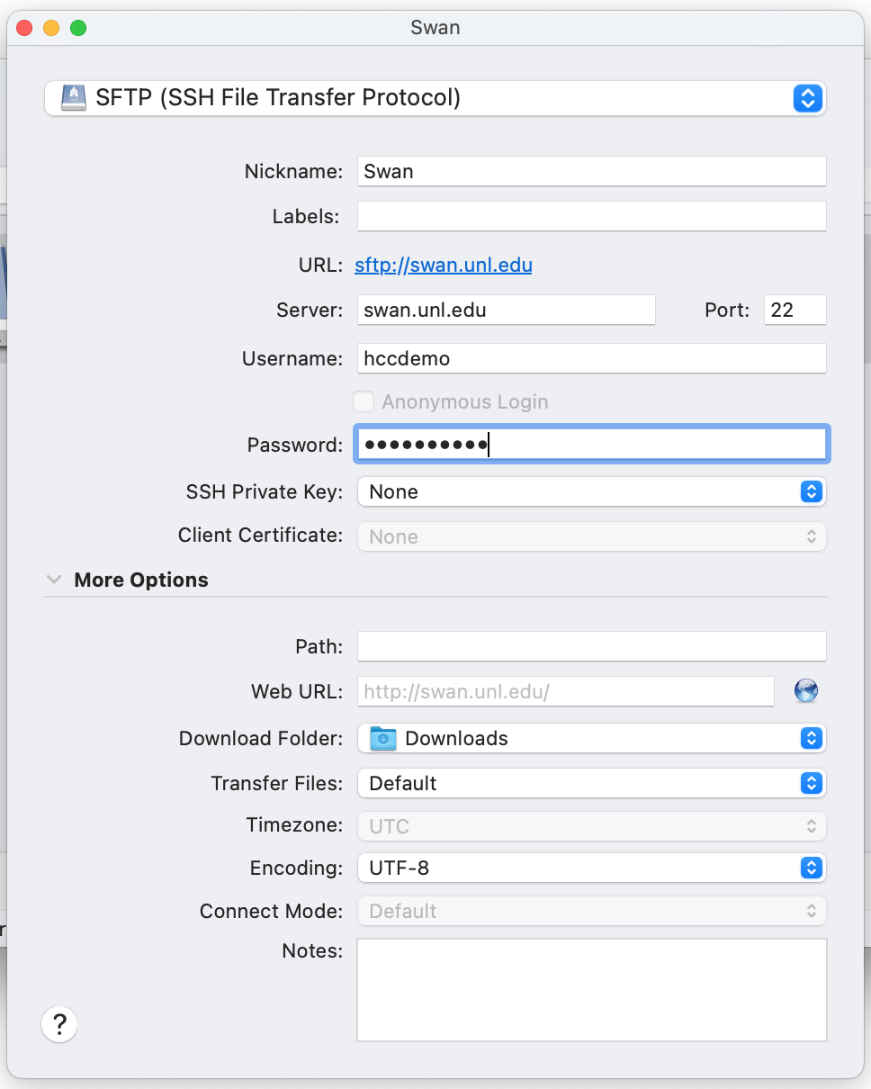 Swan window with Nickname as Swan, server as swan.unl.edu, Port as 22, username and password filled in