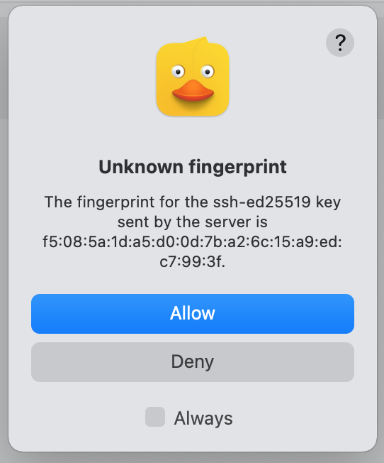 Unknown fingerprint screen with Allow selected