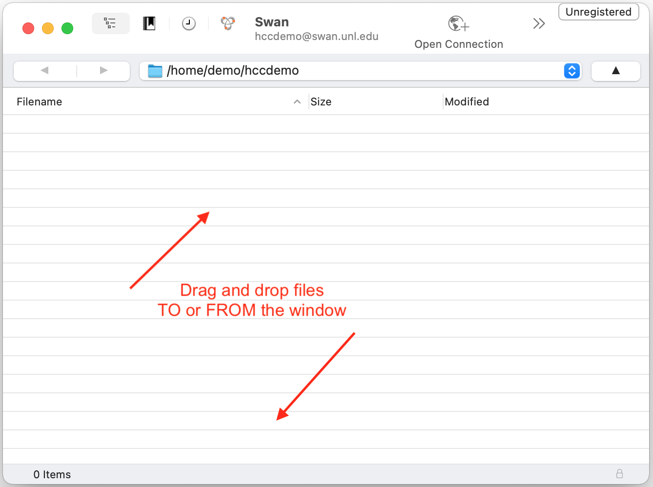 Swan open in Cyberduck with prompting to drag and drop files to or from the window