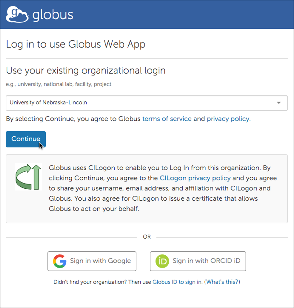 Globus login page with University of Nebraska-Lincoln selected as the organization and the mouse hovering over the Continue button
