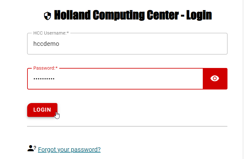 HCC login page showing the user logging in