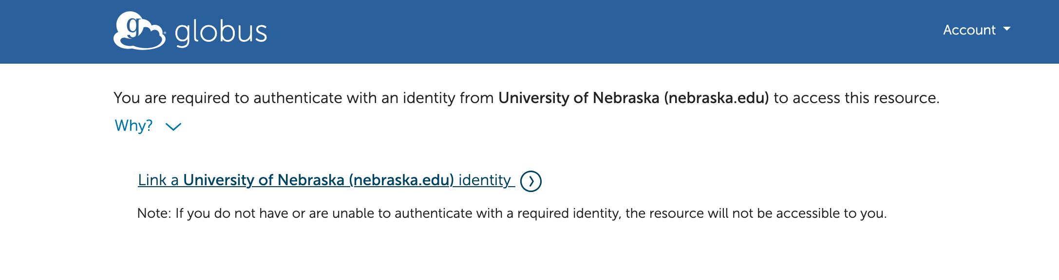 Globus page to authenticate and link your nebraska.edu identity to Globus