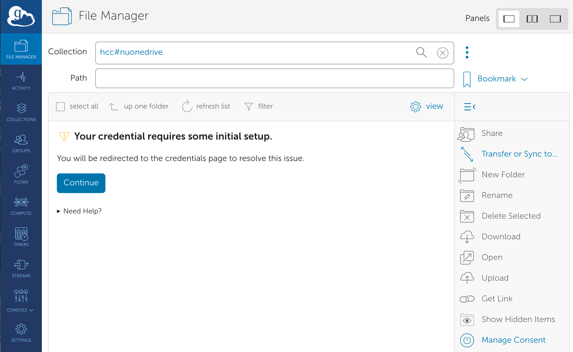 Globus File Manager with page to continue