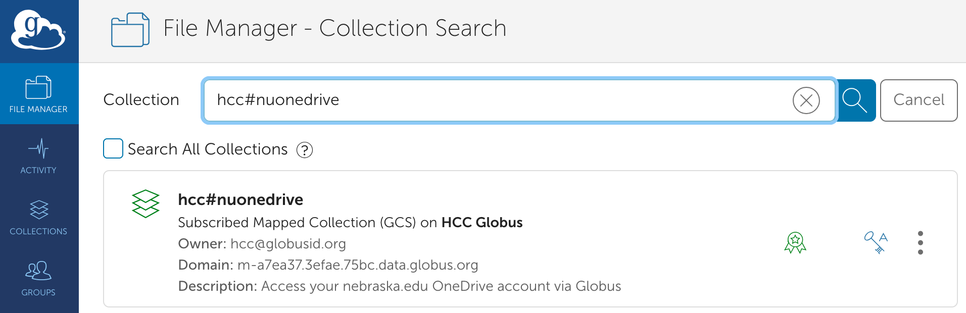 Globus File Manager with Collection as hcc#nuonedrive