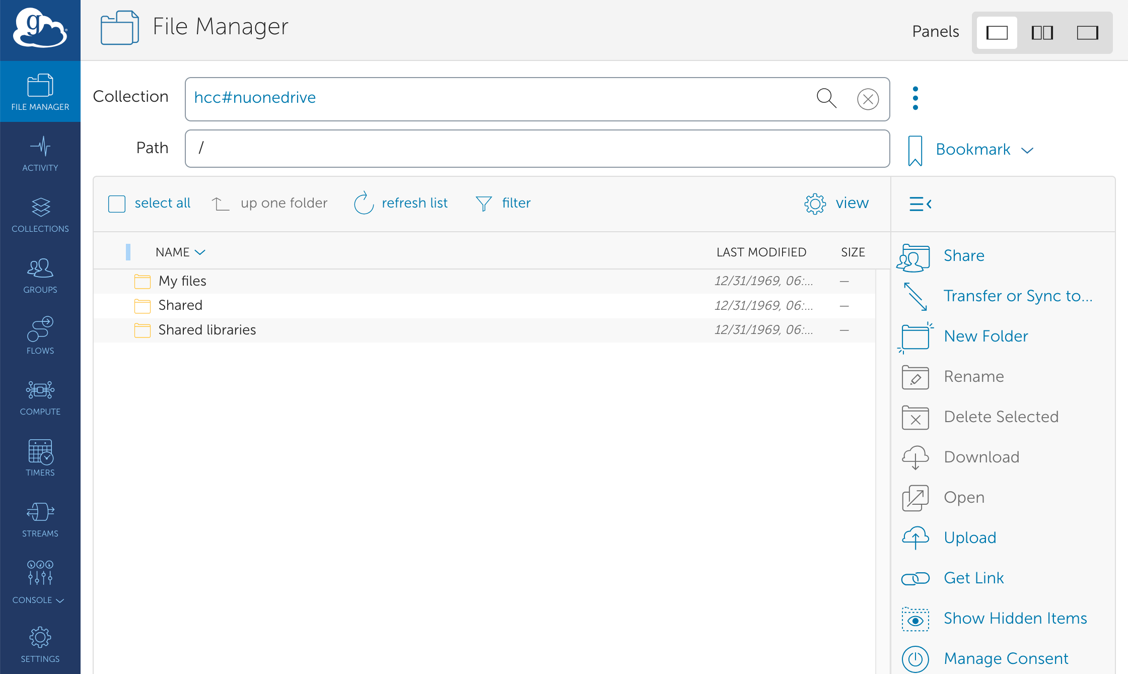 Globus file manager with folders listed