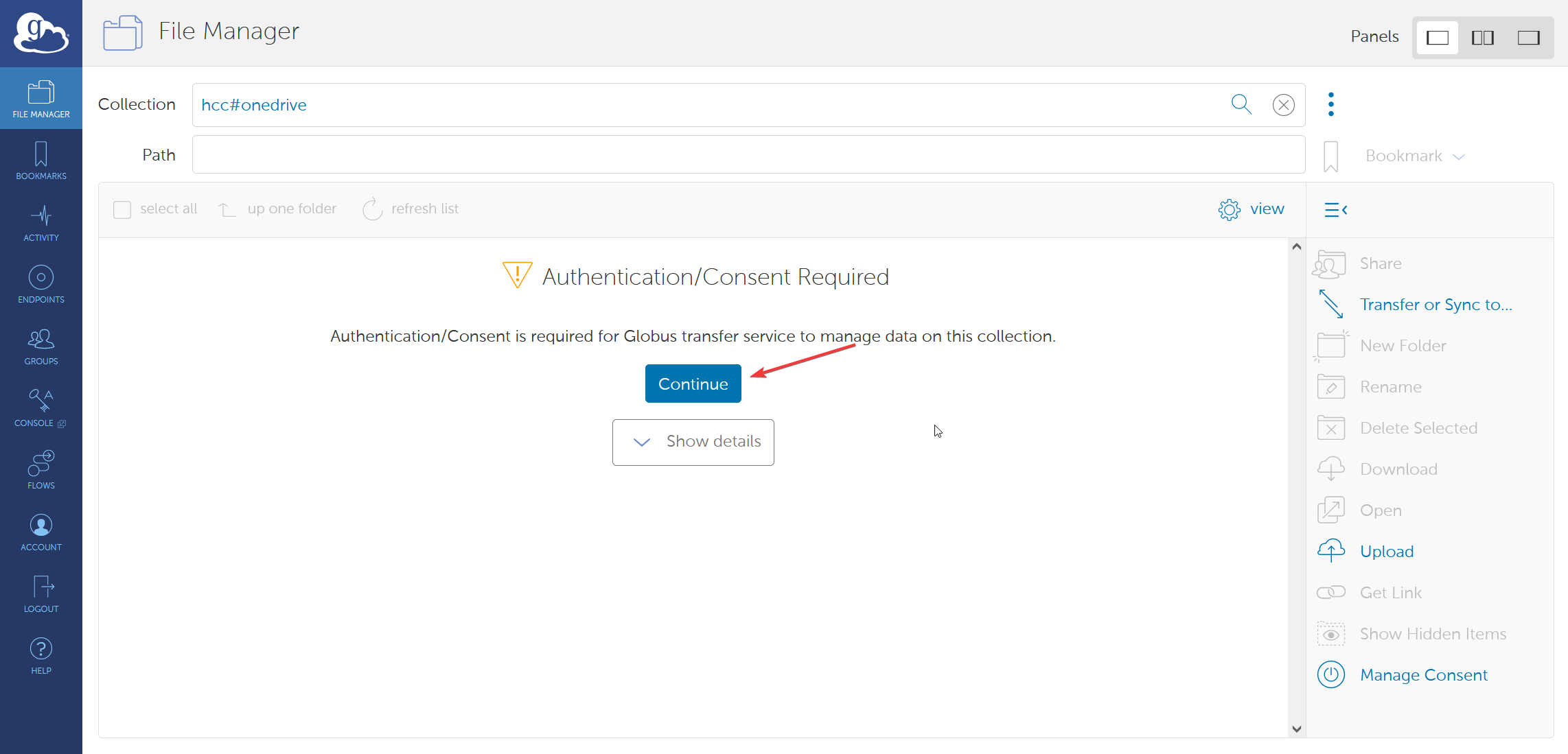 Globus File Manager with arrow pointing to Continue button
