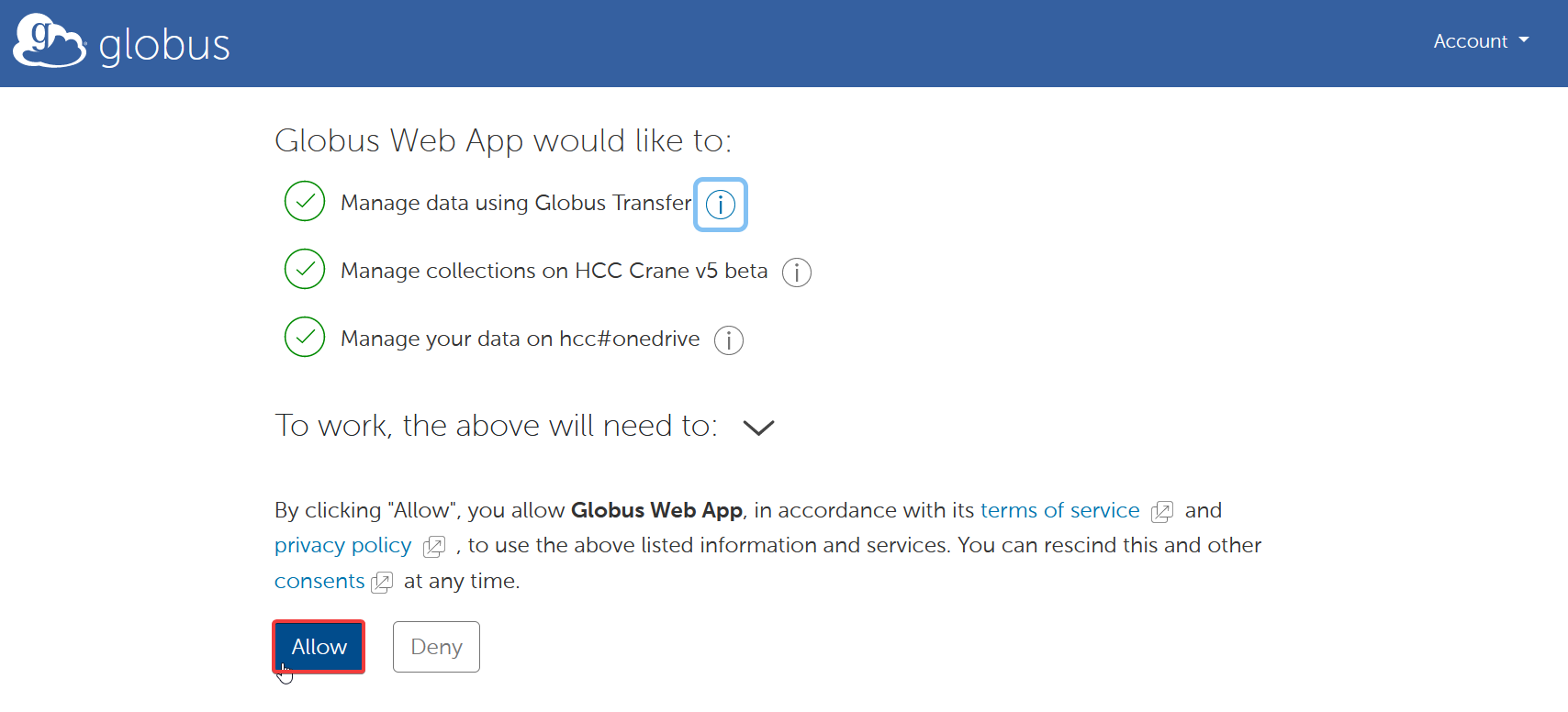 Globus permissions page with Allow circled