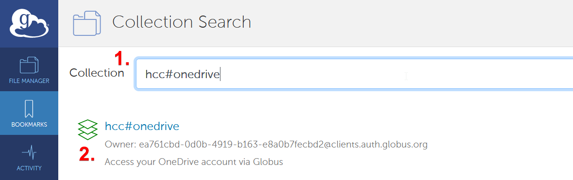 Globus bookmarks panel with Collection as hcc#onedrive showing the chosen collection